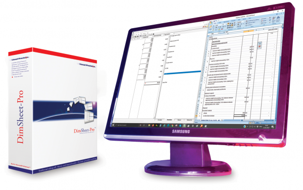 DimSheet-Pro DimSheet add-on for Excel software box and monitor with screenshot of DimSheet-Pro workspace