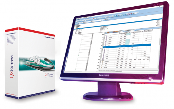 QSExpress bill of quantities software box and monitor with screenshot of QSExpress workspace