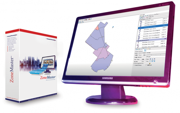 ZoneMaster retail zone measurement software box and monitor with screenshot of ZoneMaster workspace